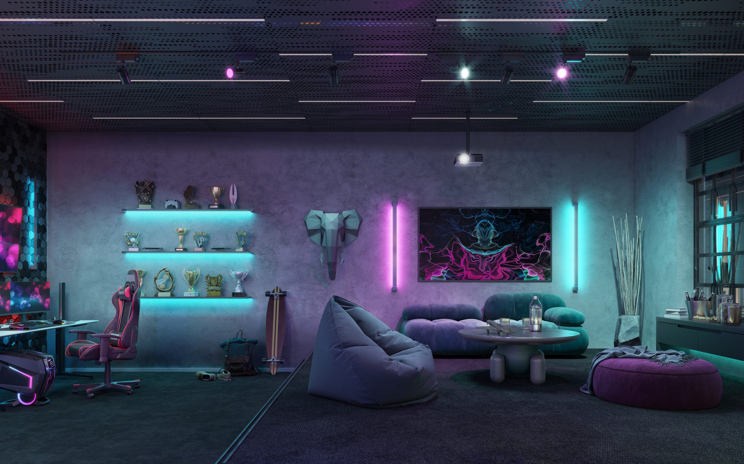 Video gamer room interior in 3d. Computer generated image of a game room interior with multicolored neon lightning, comfortable couch, artistic painting on the wall, projector on the ceiling and video gaming computer on desk.